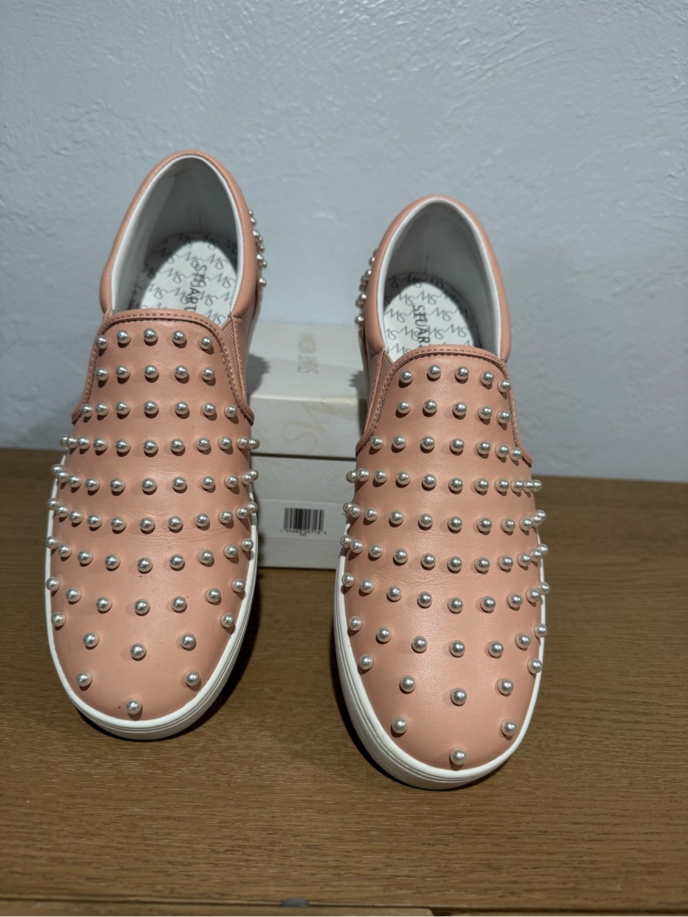 Stuart Weitzman Goldie Slip-On Pearl studded Women’s Leather Sneakers in Pink